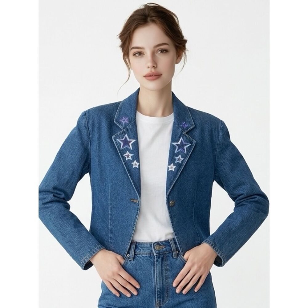 NIKKI SAGGARO | Vintage Boho Southwestern Style Denim Jean Jacket Women’s Size L - Picture 1 of 8